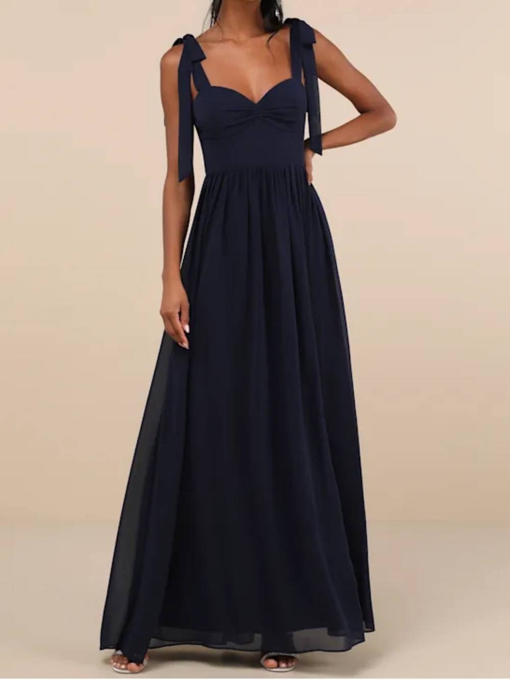 Lulus Radiant Charisma Navy Blue Chiffon Ruched Tie-strap Maxi Dress - Size XL